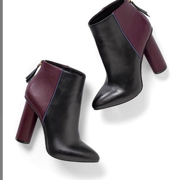 Cabi Black & Vino Block Bisset Leather Bootie Size 9.5 4” Block Heel Chic